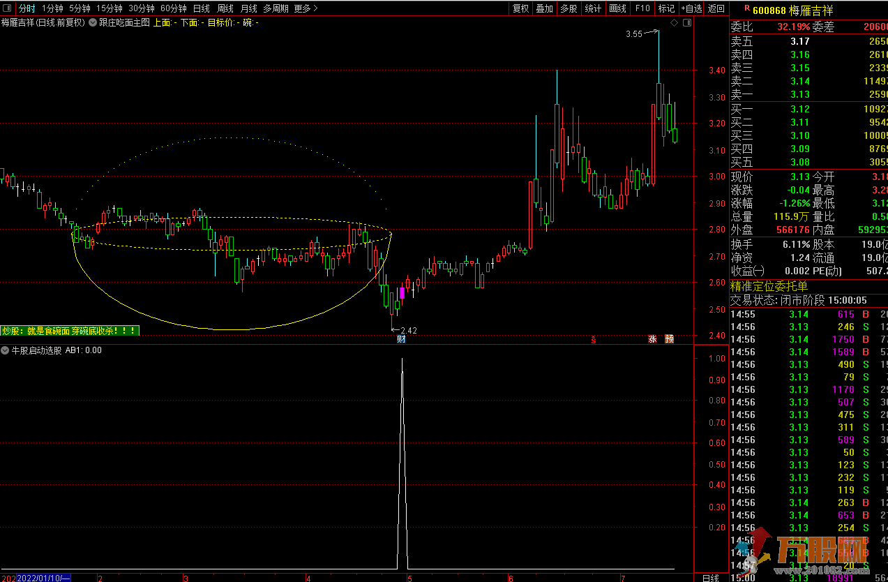 跟庄吃面牛股启动（通达信 主图 副图/选股 加密）