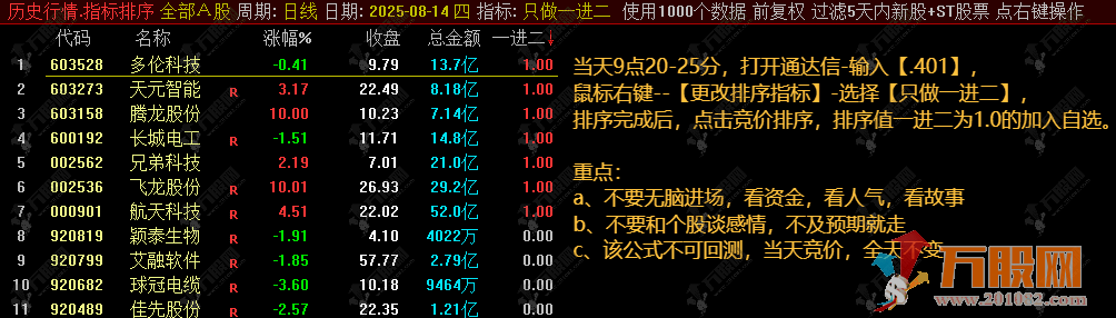 通达信【只做一进二】排序选股指标 摸板概率很大适合接力选手