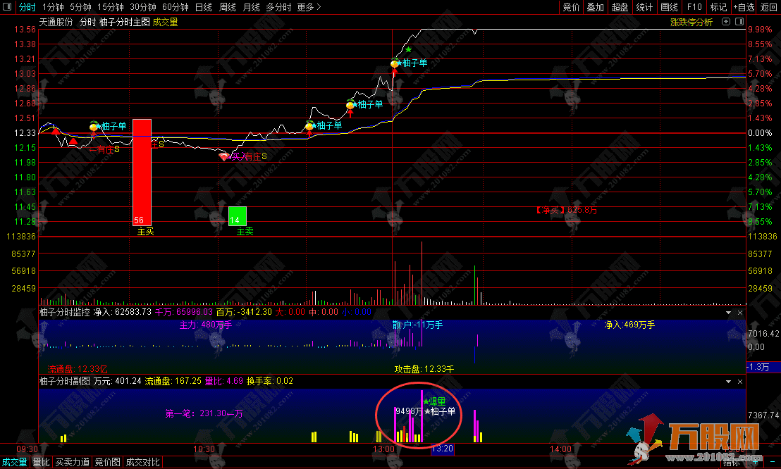 通达信【柚子分时】1主2副分时分析指标套装 手机电脑完美通用